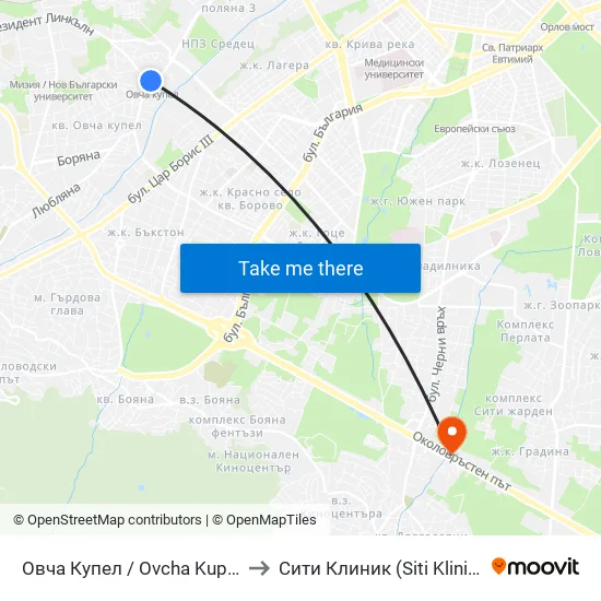 Овча Купел / Ovcha Kupel to Сити Клиник (Siti Klinik) map