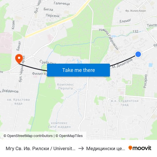 Мгу Св. Ив. Рилски / University Of Mining And Geology (1033) to Медицински център ''АФРОДИТА'' map