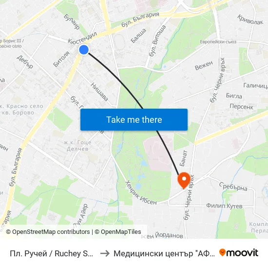 Пл. Ручей / Ruchey Sq. (1301) to Медицински център ''АФРОДИТА'' map