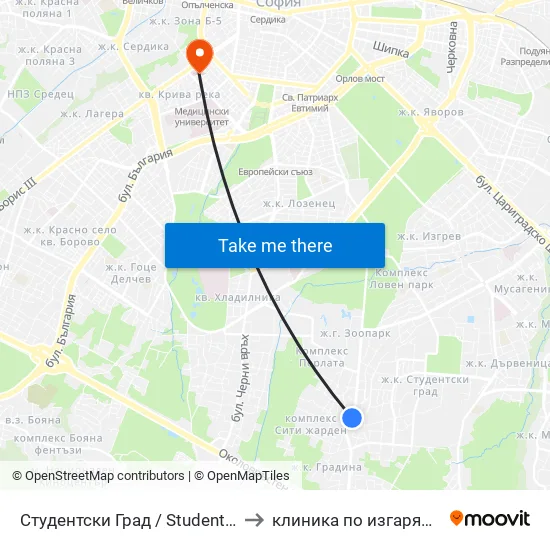 Студентски Град / Students' Town (2382) to клиника по изгаряния пирогов map