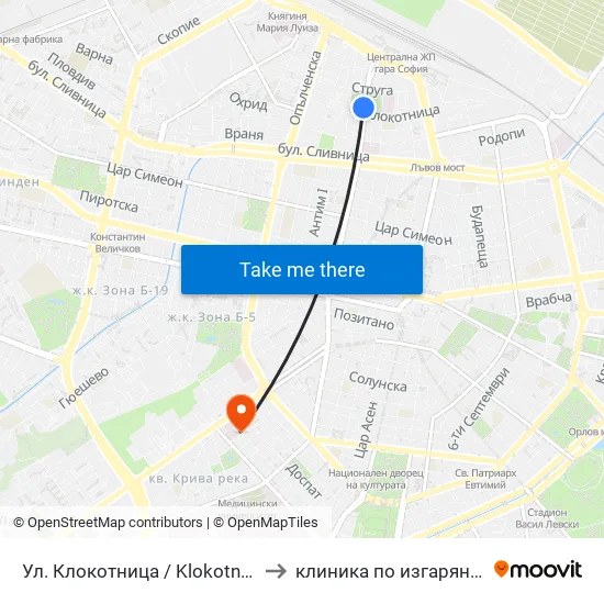Ул. Клокотница / Klokotnitsa St. (1326) to клиника по изгаряния пирогов map