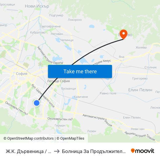 Ж.К. Дървеница / Darvenitsa Qr. (1012) to Болница За Продължително Лечение И Рехабилитация map