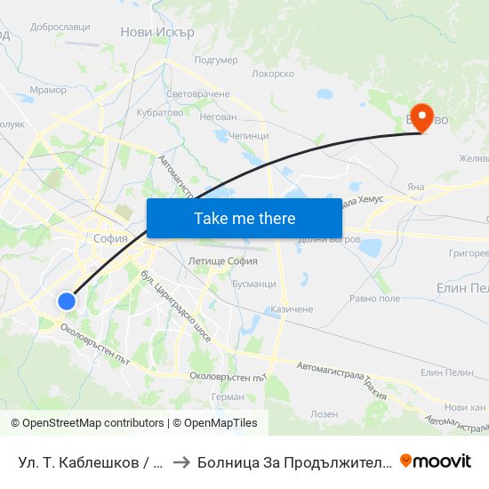 Ул. Т. Каблешков / T. Kableshkov St. (2213) to Болница За Продължително Лечение И Рехабилитация map