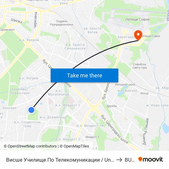 Висше Училище По Телекомуникации / University Of Telecommunications And Post (1397) to BULATSA map