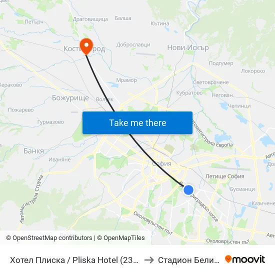 Хотел Плиска / Pliska Hotel (2326) to Стадион Белица map