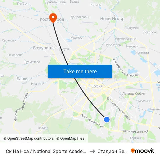 Ск На Нса / National Sports Academy (1609) to Стадион Белица map