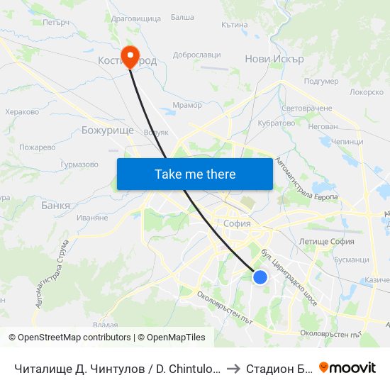 Читалище Д. Чинтулов / D. Chintulov Library (2366) to Стадион Белица map