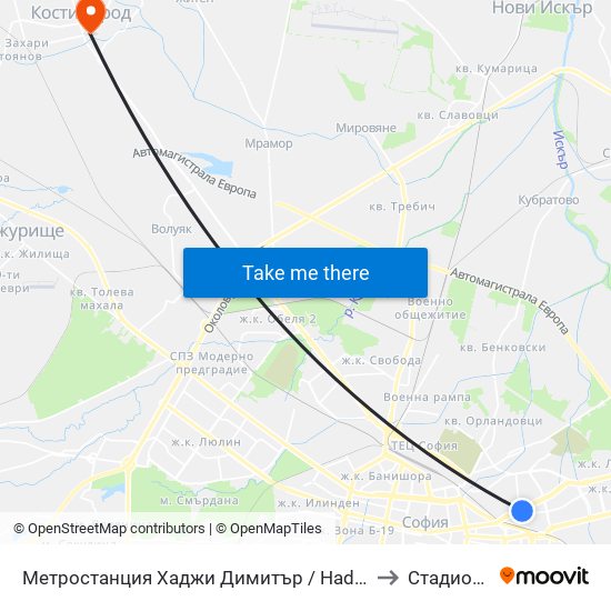 Метростанция Хаджи Димитър / Hadzhi Dimitar Metro Station (0303) to Стадион Белица map