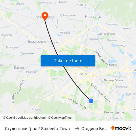 Студентски Град / Students' Town (1693) to Стадион Белица map