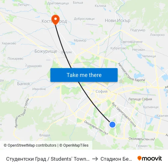 Студентски Град / Students' Town (1693) to Стадион Белица map