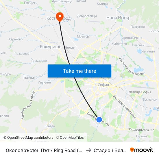 Околовръстен Път / Ring Road (1177) to Стадион Белица map