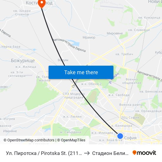 Ул. Пиротска / Pirotska St. (2111) to Стадион Белица map