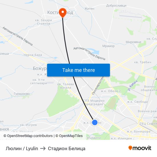 Люлин / Lyulin to Стадион Белица map