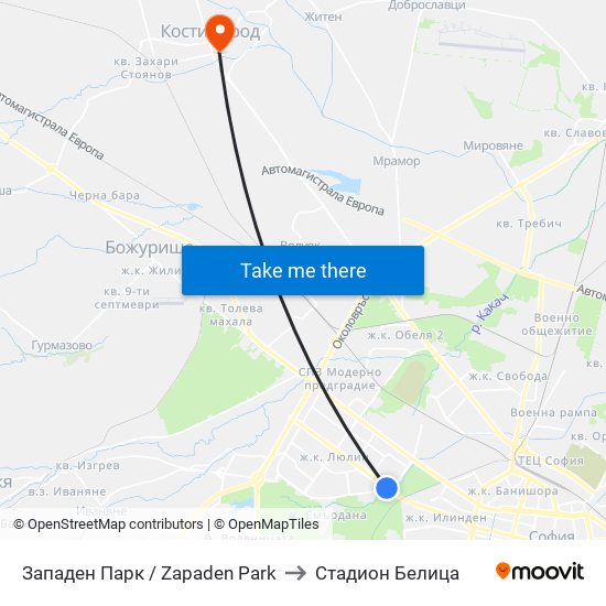 Западен Парк / Zapaden Park to Стадион Белица map