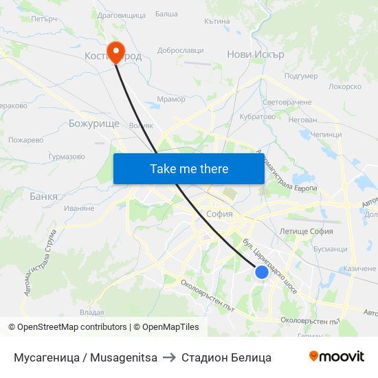 Мусагеница /  Musagenitsa to Стадион Белица map