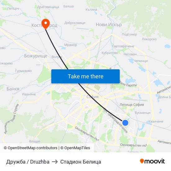 Дружба / Druzhba to Стадион Белица map