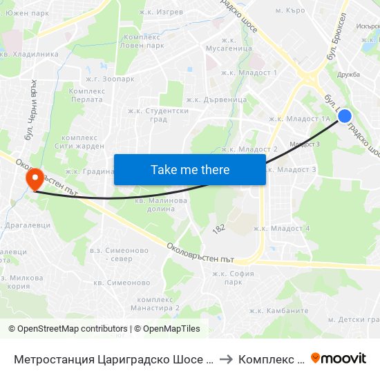 Метростанция Цариградско Шосе / Tsarigradsko Shosse Metro Station (1016) to Комплекс ""Царско Село"" map