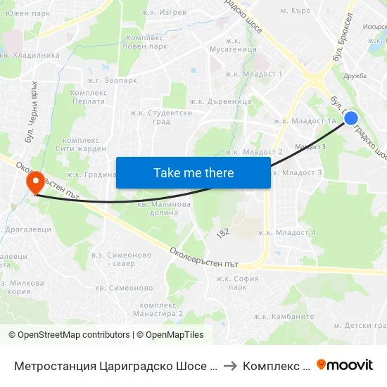 Ⓜ️ Метростанция Цариградско Шосе / Tsarigradsko Shosse Metro Station (1016) to Комплекс ""Царско Село"" map