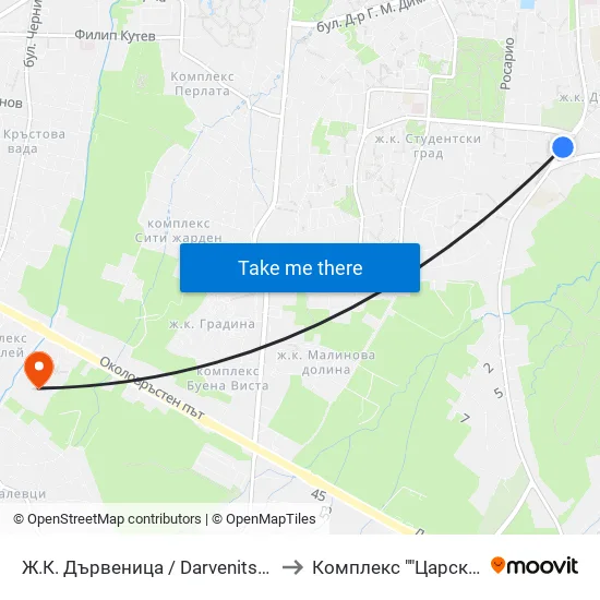 Ж.К. Дървеница / Darvenitsa Qr. (1012) to Комплекс ""Царско Село"" map