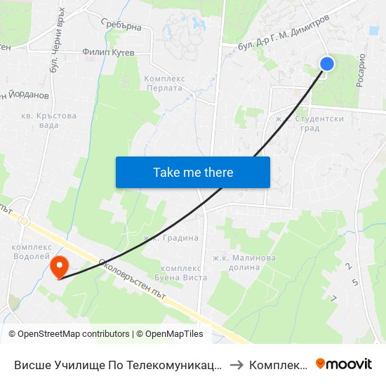 Висше Училище По Телекомуникации / University Of Telecommunications And Post (1396) to Комплекс ""Царско Село"" map