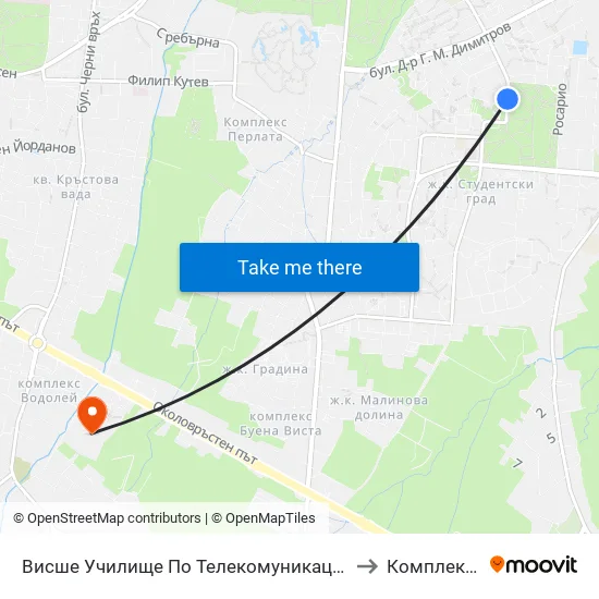 Висше Училище По Телекомуникации / University Of Telecommunications And Post (1396) to Комплекс ""Царско Село"" map
