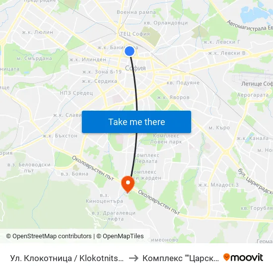 Ул. Клокотница / Klokotnitsa St. (1326) to Комплекс ""Царско Село"" map