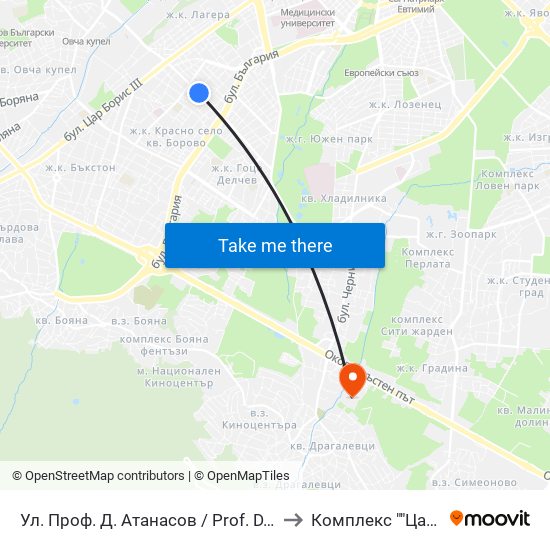 Ул. Проф. Д. Атанасов / Prof. D. Atanasov St. (2134) to Комплекс ""Царско Село"" map