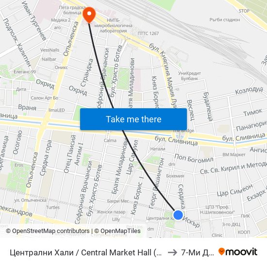 Централни Хали / Central Market Hall (2334) to 7-Ми Дкц map