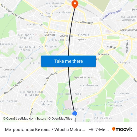 Метростанция Витоша / Vitosha Metro Station (2755) to 7-Ми Дкц map