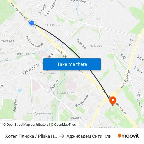 Хотел Плиска / Pliska Hotel (2326) to Аджибадем Сити Клиник Умбал map