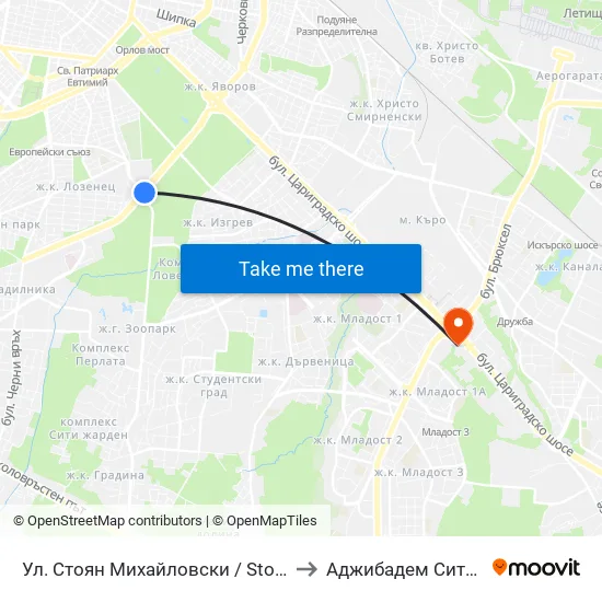 Ул. Стоян Михайловски / Stoyan Mihaylovski St. (2692) to Аджибадем Сити Клиник Умбал map