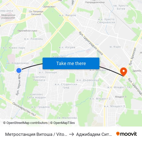 Метростанция Витоша / Vitosha Metro Station (2756) to Аджибадем Сити Клиник Умбал map