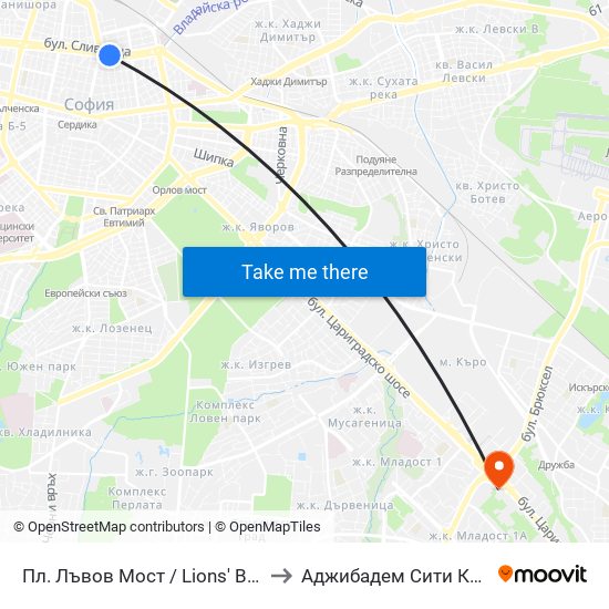 Пл. Лъвов Мост / Lions' Bridge Sq. (1278) to Аджибадем Сити Клиник Умбал map