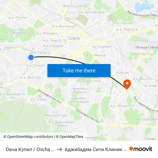 Овча Купел / Ovcha Kupel to Аджибадем Сити Клиник Умбал map