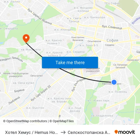 Ⓜ️ Хотел Хемус / Hemus Hotel (2329) to Селскостопанска Академия map