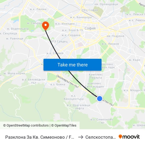 Разклона За Кв. Симеоново / Fork Road To Simeonovo Qr. (1459) to Селскостопанска Академия map