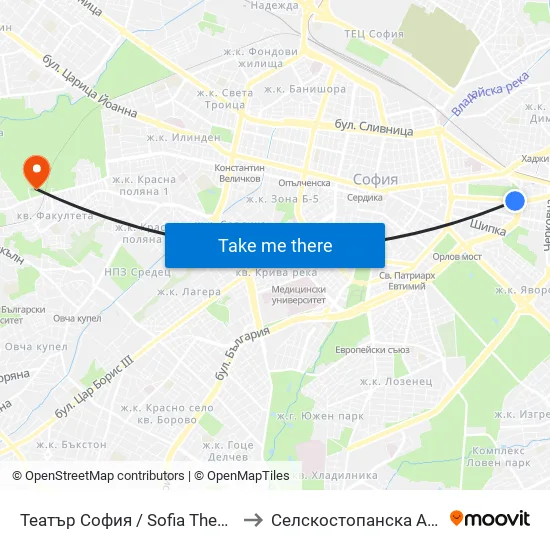 Ⓜ️ Театър София / Sofia Theatre (1727) to Селскостопанска Академия map