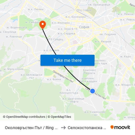 Околовръстен Път / Ring Road (1175) to Селскостопанска Академия map