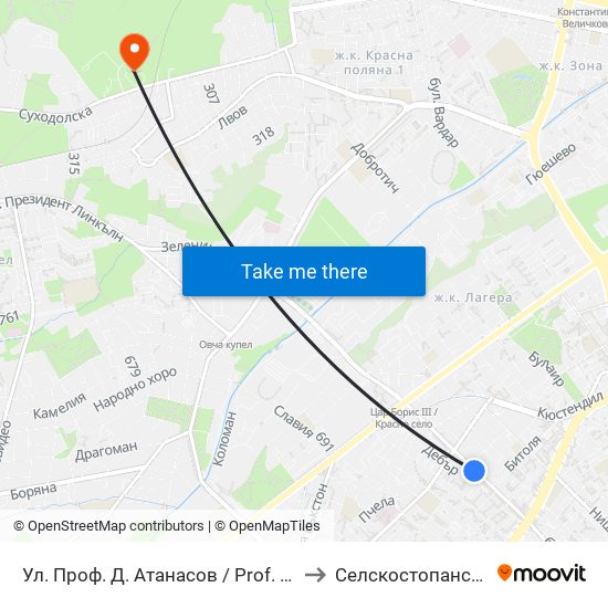 Ул. Проф. Д. Атанасов / Prof. D. Atanasov St. (2134) to Селскостопанска Академия map