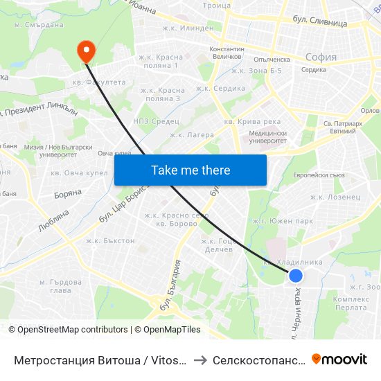 Метростанция Витоша / Vitosha Metro Station (2755) to Селскостопанска Академия map