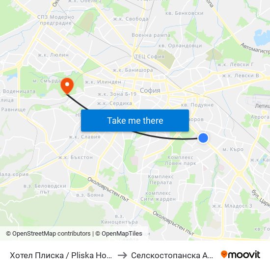 Хотел Плиска / Pliska Hotel (2327) to Селскостопанска Академия map