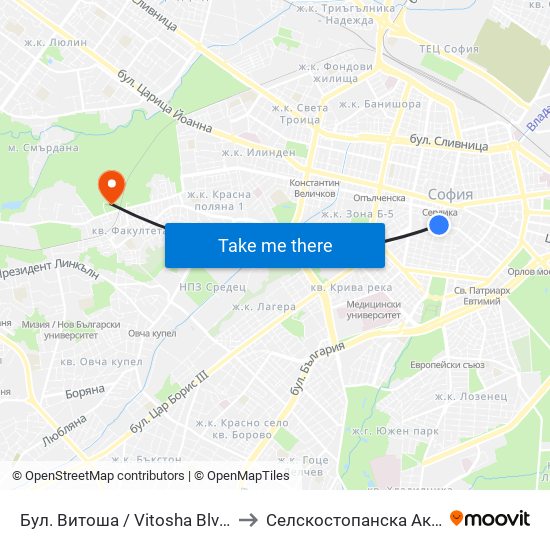 Бул. Витоша / Vitosha Blvd. (2825) to Селскостопанска Академия map