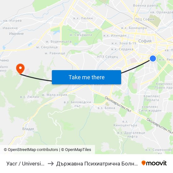 Уасг / University Of Architecture (0387) to Държавна Психиатрична Болница За Лечение На Наркомании И Алкохолизъм map