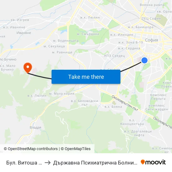 Бул. Витоша / Vitosha Blvd. (0302) to Държавна Психиатрична Болница За Лечение На Наркомании И Алкохолизъм map