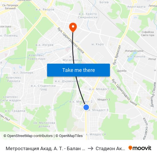 Метростанция Акад. А. Т. - Балан / Acad. A. T.-Balan Metro Station (1917) to Стадион Академик-Плиска map