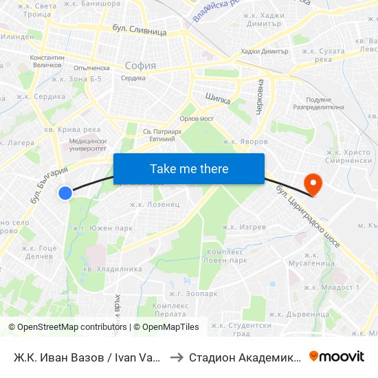 Ж.К. Иван Вазов / Ivan Vazov (0626) to Стадион Академик-Плиска map