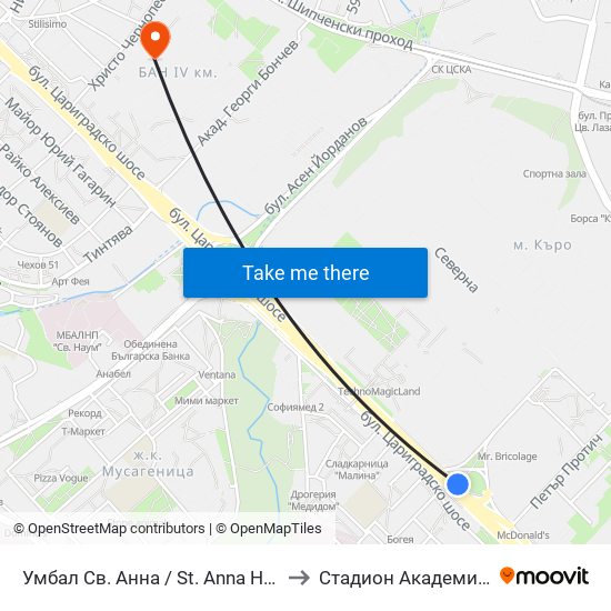 Умбал Св. Анна / St. Anna Hospital (1196) to Стадион Академик-Плиска map
