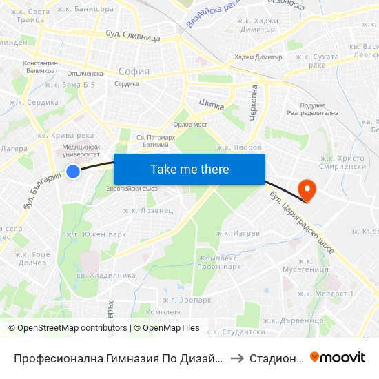 Професионална Гимназия По Дизайн Елисавета Вазова / Elisaveta Vazova High School Of Design (1736) to Стадион Академик-Плиска map