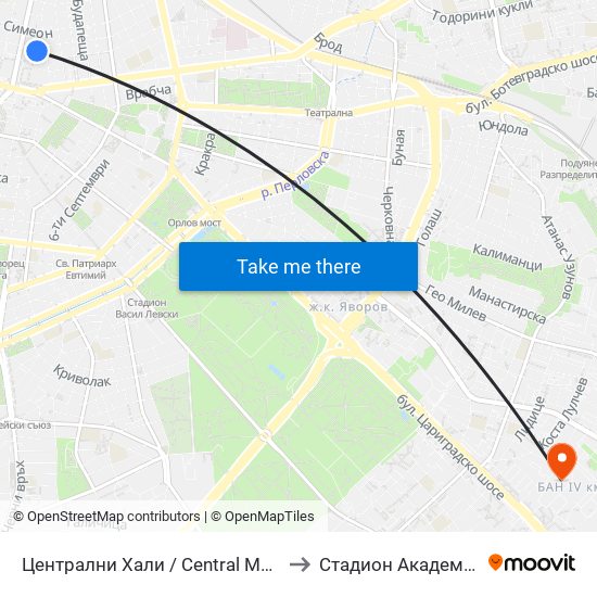 Централни Хали / Central Market Hall (2334) to Стадион Академик-Плиска map