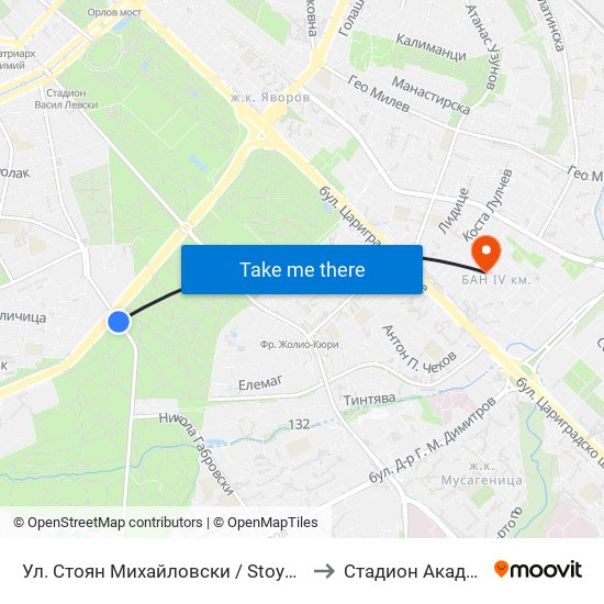 Ул. Стоян Михайловски / Stoyan Mihaylovski St. (2191) to Стадион Академик-Плиска map